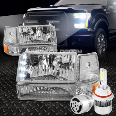 ХРОМИРОВАННАЯ СВЕТОДИОДНАЯ ФАРА + ЯНТАРНЫЙ УГОЛОК + БЕЛЫЙ СВЕТОДИОД 9007 HID + ВЕНТИЛЯТОР ДЛЯ 92-96 F150/F250/350