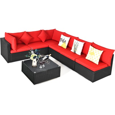 7PCS Patio Rattan Sofa Set Sectional Conversation Furniture Set Garden Red