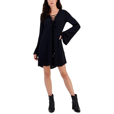 Hugo Womens Black V-Neck Lace-Up Long Sleeve Mini Dress 8 BHFO 8336