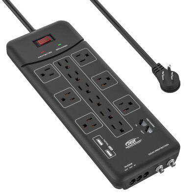 CRST Power Strip Surge Protector  with Flat Plug and 2 USB, ETL Listed 6FT Cord