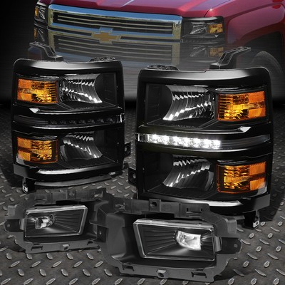 ДЛЯ 2014-2015 CHEVY SILVERADO 1500 ЧЕРНАЯ СВЕТОДИОДНАЯ ФАРА DRL + ПРОТИВОТУМАННАЯ ФАРА С ПРОЗРАЧНЫМИ ЛИНЗАМИ