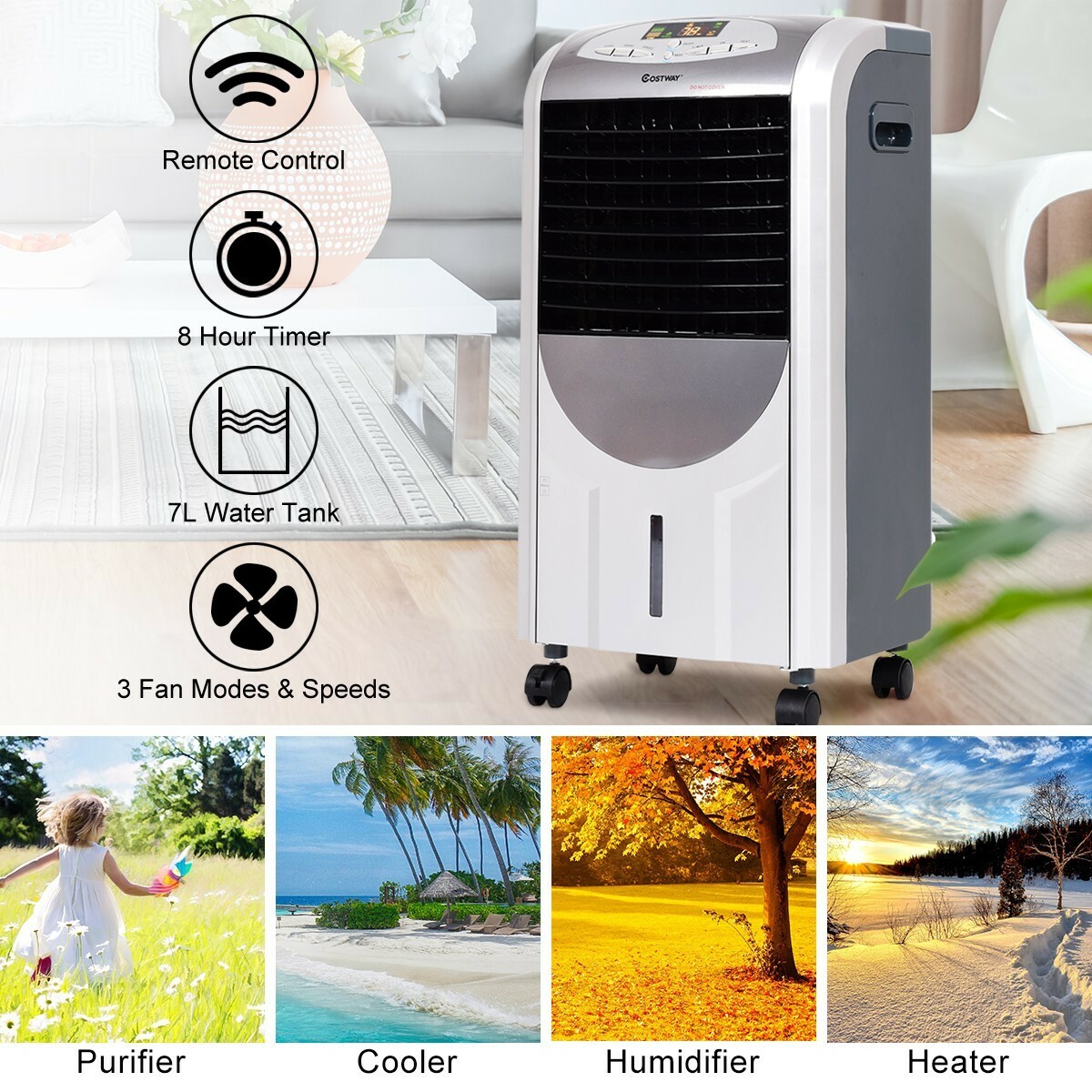 5-IN-1 Evaporative Air Cooler Fan Heater 3 Speed 7L Tank dehumidifier