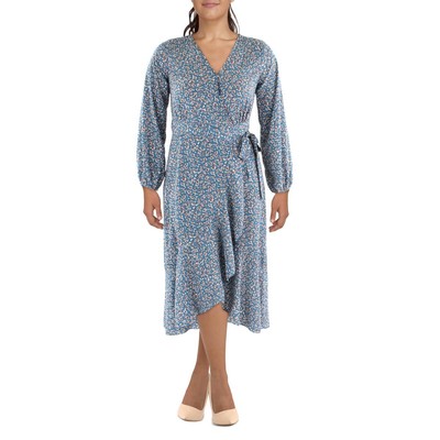 Женское синее миди-платье с запахом и цветочным принтом PrettyGarden S BHFO 7236