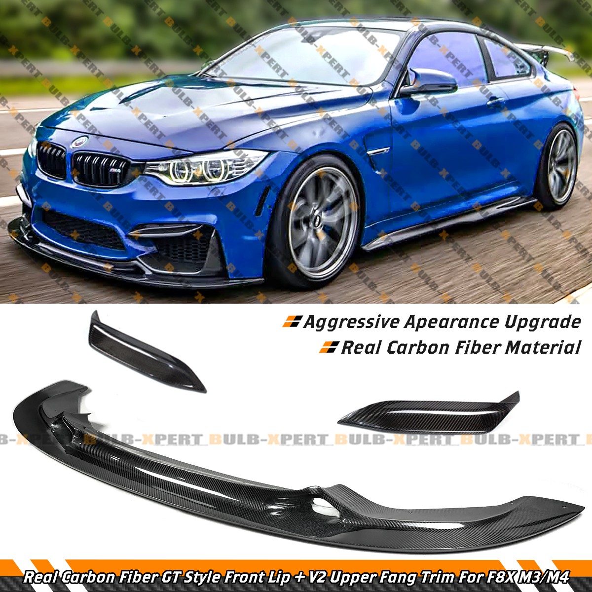 For 2015-2019 BMW F8X M3 M4 Carbon Fiber GT Style Front Lip + V2 Upper Fang Trim