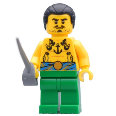 new LEGO Barracuda Bay Pirate Minifig - Tattooga, anchor, parrot, mermaid tattoo