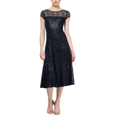 SLNY Womens Black Lace Sequined Party Midi Dress 8 BHFO 8042