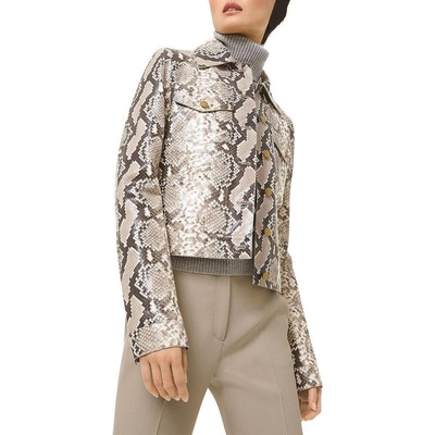 

Michael Kors Женская Бежевая Кожаная Куртка Trucker со Змеиным Принтом Пальто  BHFO 3815, Natural