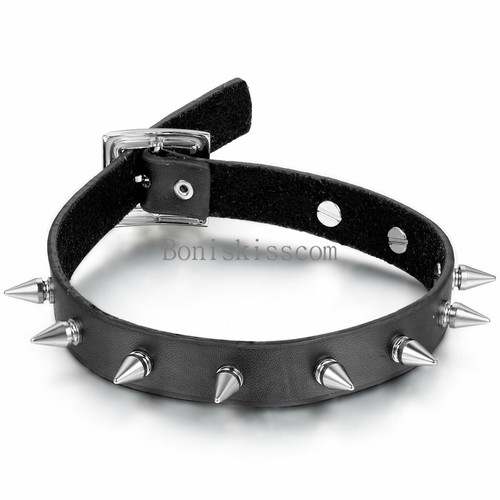Punk Fashion Handmade Black Leather Spike Rivet Choker
