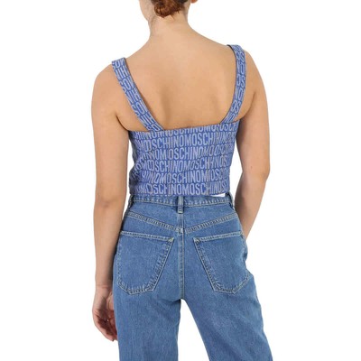 Pre-owned Moschino Ladies Fantasy Print Blue Monogram Denim Cropped Top In Multicolor