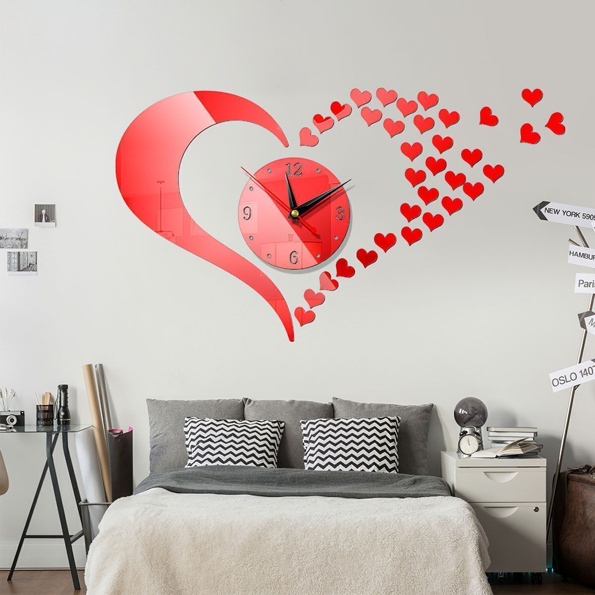 3D DIY Large Number Mirror Wall Clock Sticker Square Heart Decor for Home Office