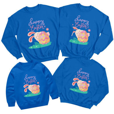 Family Bunny Hugging Egg Happy Easter Sweatshirt Jumper Matching Outfit #ED