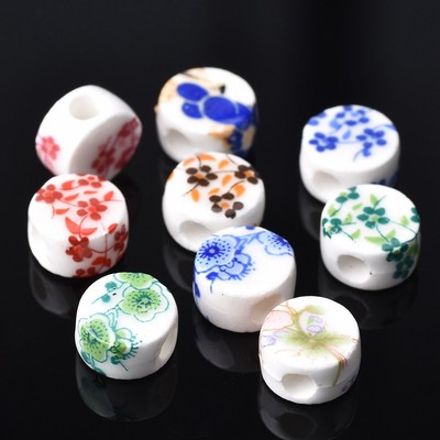 20pcs 8.5mm Flat Round Flower Patterns Ceramic Porcelain Loose Crafts Beads lot