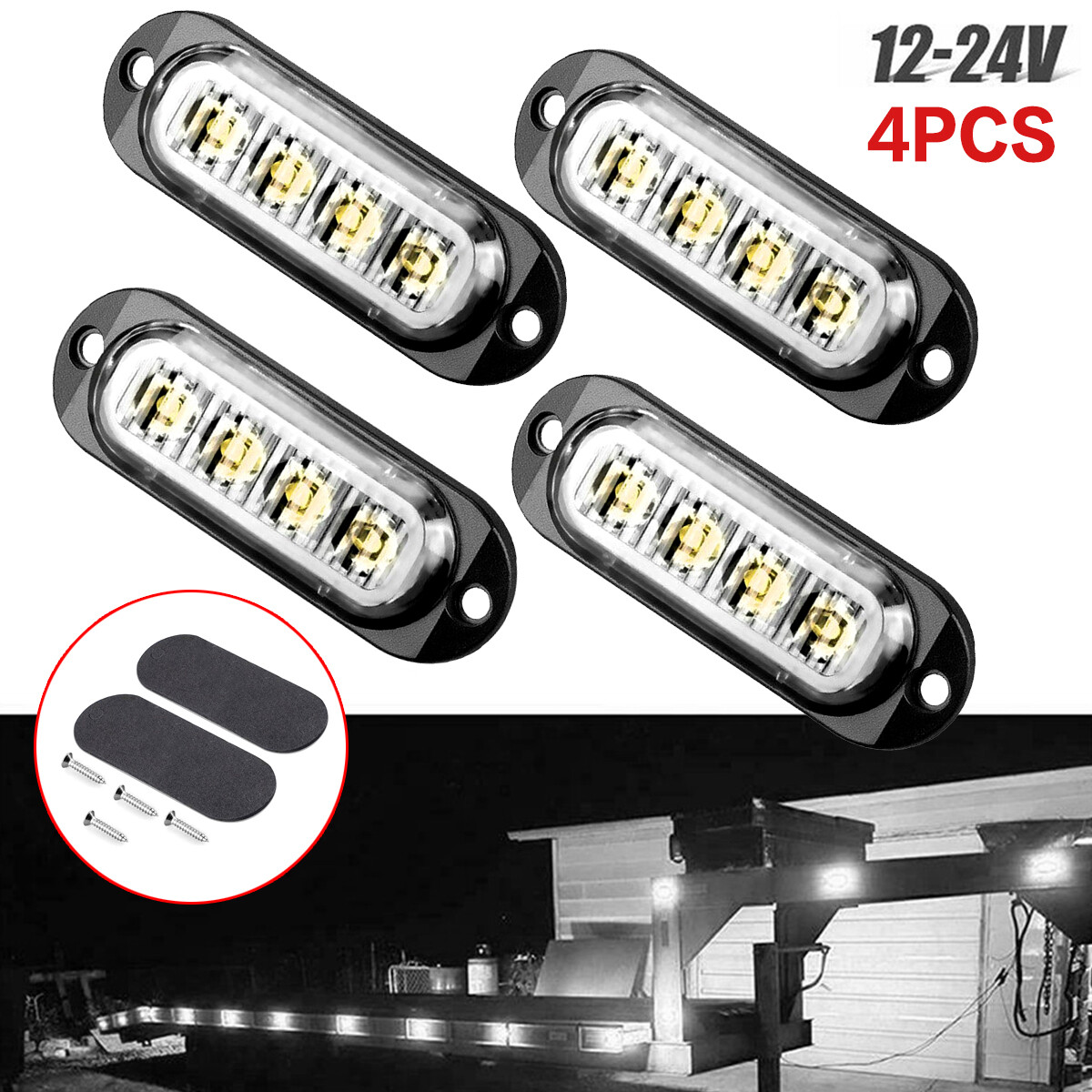 4PCS White LED Oval Side Marker Lights Truck Trailer Clearance Light Waterproof