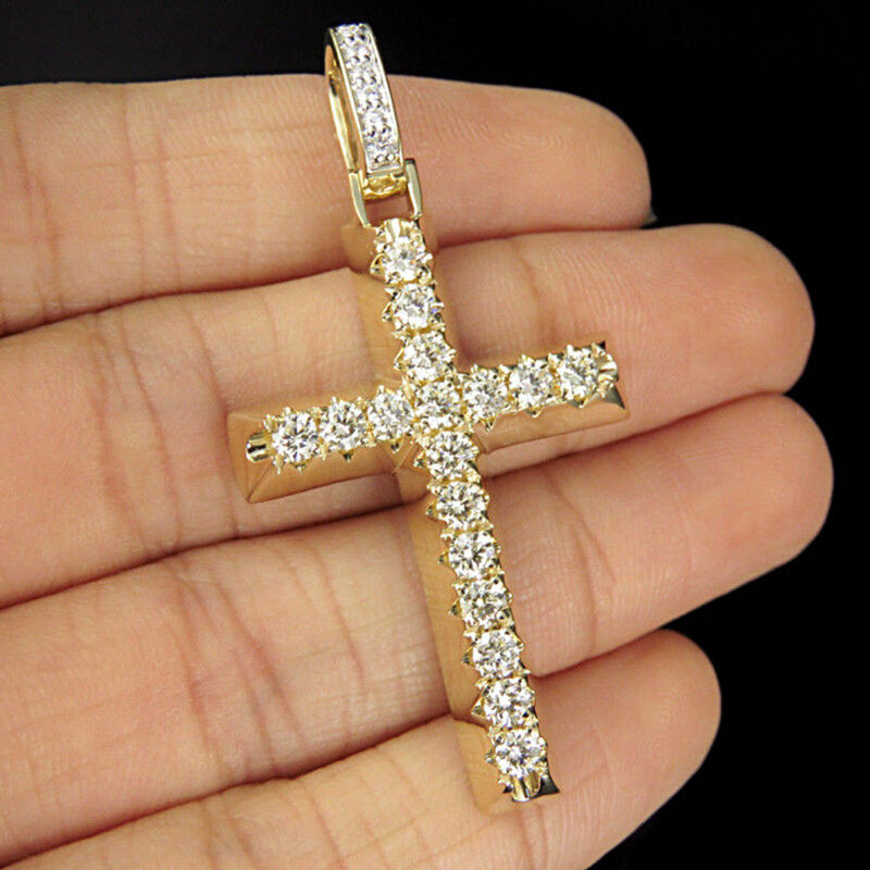 Round 1ct Simulated Diamond Cross Pendant Necklace 14k Yellow Gold Plated Silver