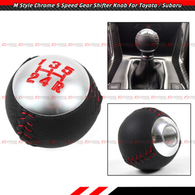 For Toyota Subaru Red Stitching Leather Chrome 5 Speed Round Gear Shifter Knob