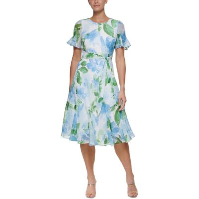 

Белое шифоновое платье миди в горошек DKNY Womens Zelda с принтом  BHFO 4609, White/blue/green