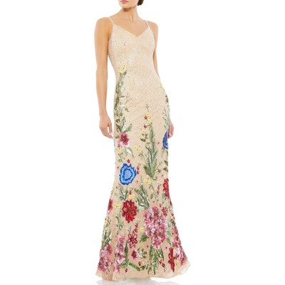 Женское бежевое вечернее платье Mac Duggal с цветочным принтом, 16 BHFO 1494