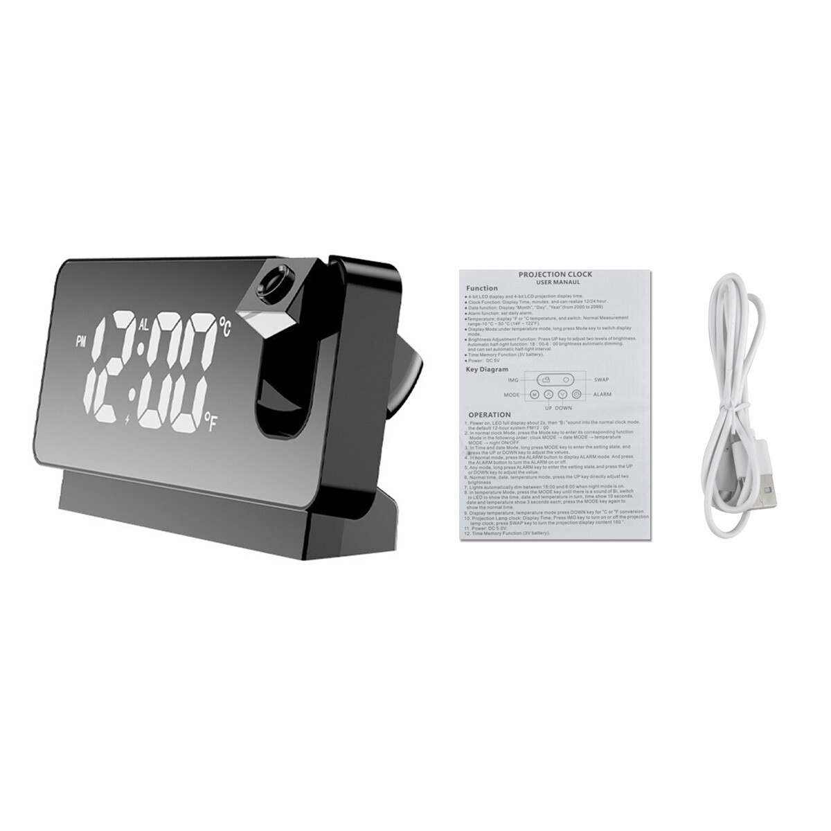 LED Digital Projection Snooze Dual Alarm Clock Electronic Time Projector Timer