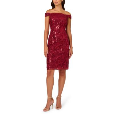 Adrianna Papell Womens Red Off-The-Shoulders Sequin Sheath Dress 4 BHFO 8534