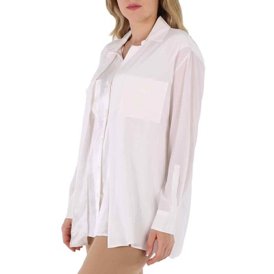 Pre-owned Burberry Ladies Optic White Logo Applique Silk Satin Oversized Shirt, Brand Size