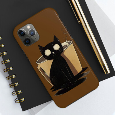 Cartoon coffee cat themed Tough Phone Cases, Case-Mate, Brown