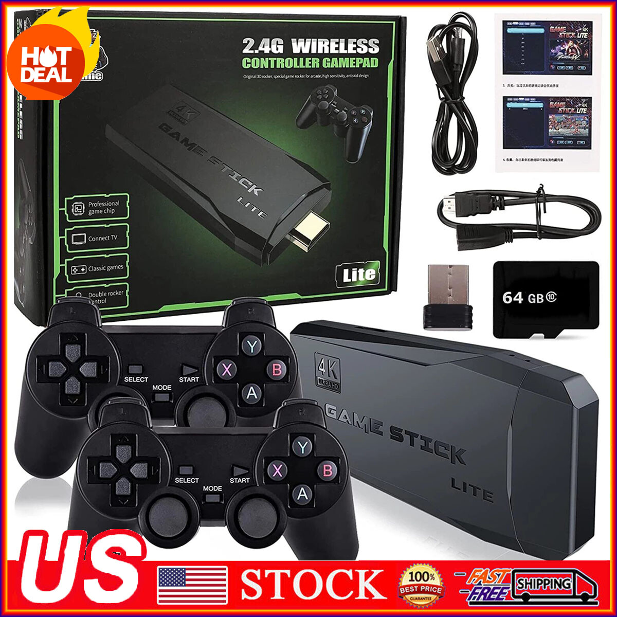 Video Game Console Retro 15000+ Games TV Stick 64G 4K HDMI 2 Wireless Controller
