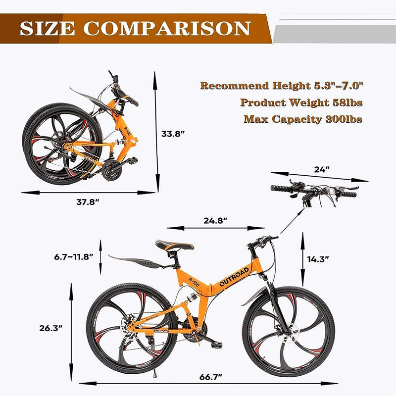 26 Inch Folding Mountain Bike, 21 Speed Full Suspension High-Carbon Steel MTB Fo