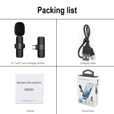 Lavalier Mini Microphone Wireless Audio Video Recording with Phone Charging USB