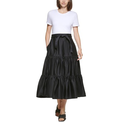 Женское многоуровневое платье миди с расклешенными рукавами Calvin Klein цвета слоновой кости в цветовой блок 2 BHFO 3531