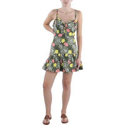 Женское зеленое льняное платье BCBGMAXAZRIA из смеси льна с цветочным принтом, мини-платье-клеш 8 BHFO 2571