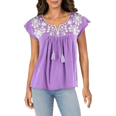 

Женская фиолетовая блузка Lucky Brand с вышивкой на шнуровке Топ  BHFO 4082, Фиолетовый