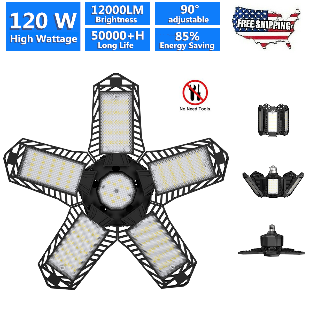 4 Adjustable Panels E26/E27 12000 Lumens 6500K 120W Deformable LED