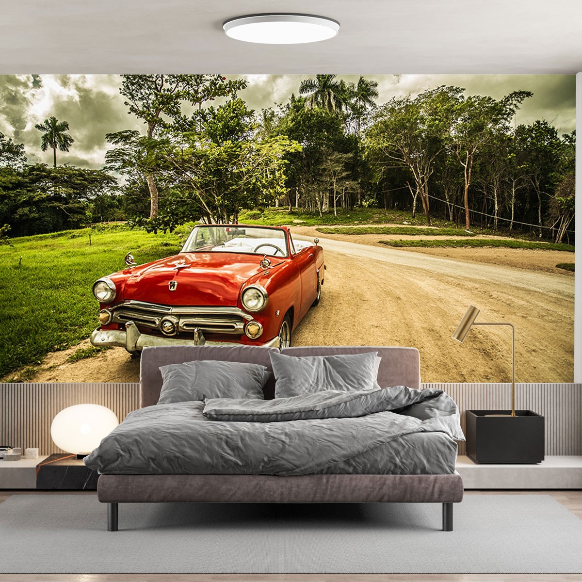 Vintage Red Car Photo Wallpaper Mural  Classic Convertible Tree Sky Road Scene