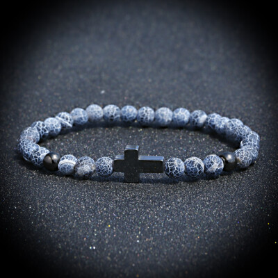 Women Men 7 Chakra Natural Hematite Stone Cross Charm Bracelets Bangles Jewelry