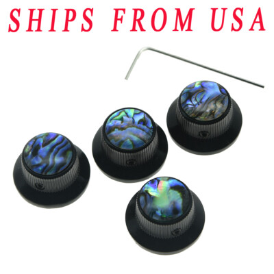 KAISH 4pcs Abalone Top Set Screw Black Guitar Bass Metal Top Hat Knob Bell Knobs