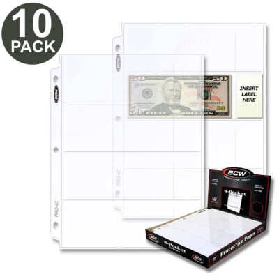 Lot of 10 Sheets BCW 4 Pocket Currency Pages Binder Albums Modern Banknotes