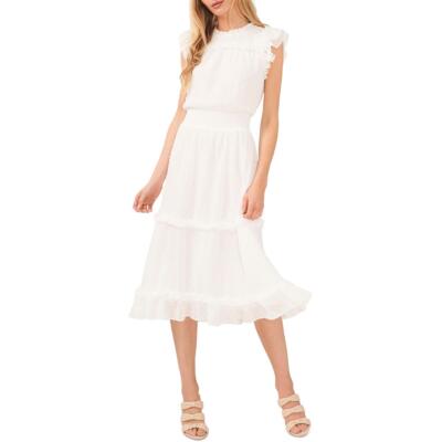 CeCe Womens White Swiss Dot Smocked Midi Dress L BHFO 7850