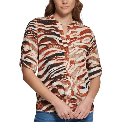 

Calvin Klein Womens Бежевая рубашка с животным принтом на пуговицах  BHFO 2465, Black terra multi