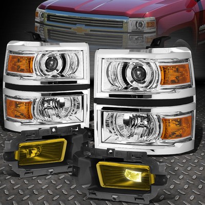 ДЛЯ 2014-2015 CHEVY SILVERADO 1500 СВЕТОДИОДНАЯ ХРОМИРОВАННАЯ ФАРА-ПРОЕКТОР + ПРОТИВОТУМАННАЯ ФАРА ЯНТАРНОГО ЦВЕТА