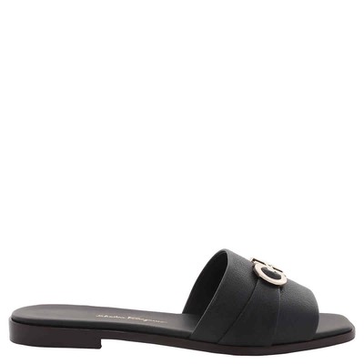 Pre-owned Ferragamo Salvatore  Ladies Black Leather Rhodes Gancini Flat Sandals