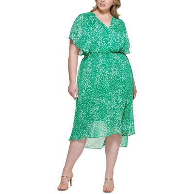 

Женское платье миди с V-образным вырезом и принтом до середины икры DKNY Plus BHFO 0005, Apple green multi