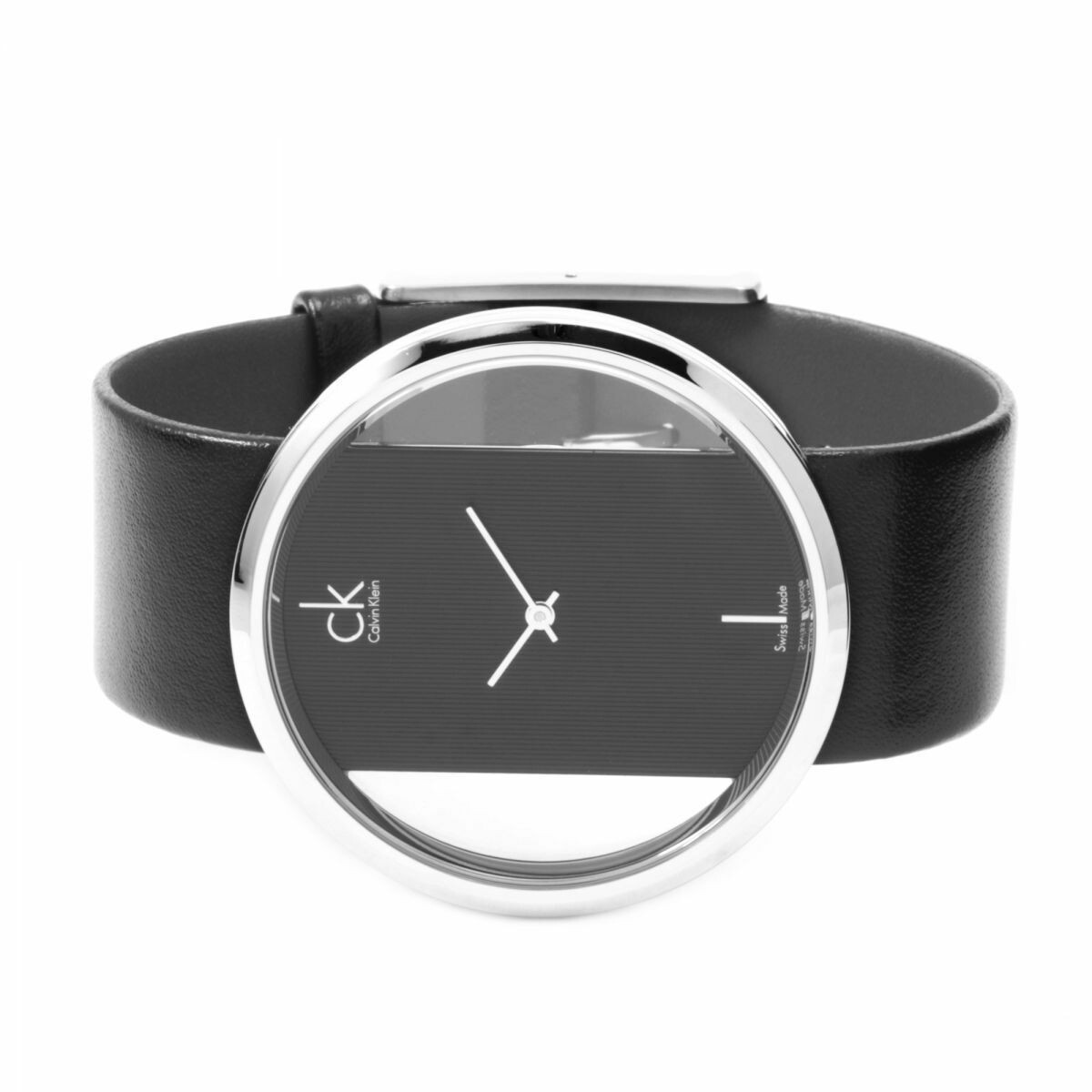 Pre-owned Calvin Klein K9423107 Glam Transparent Glass Leather Women's Watch