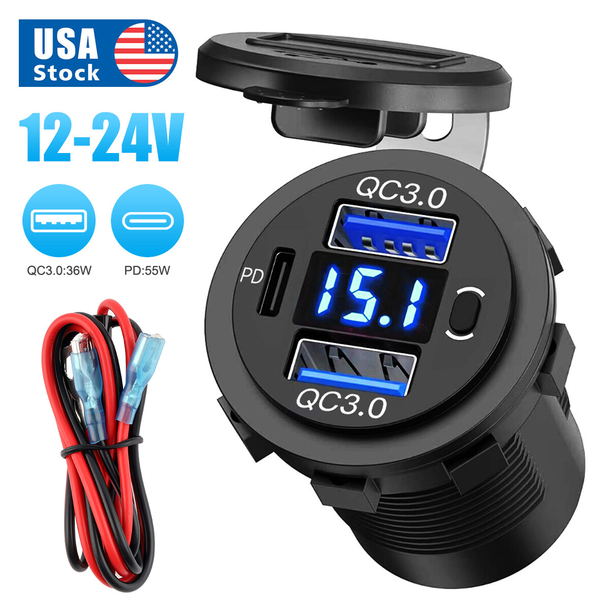 12V USB C Charger Port Fast Car Charger PD & QC Outlet Socke