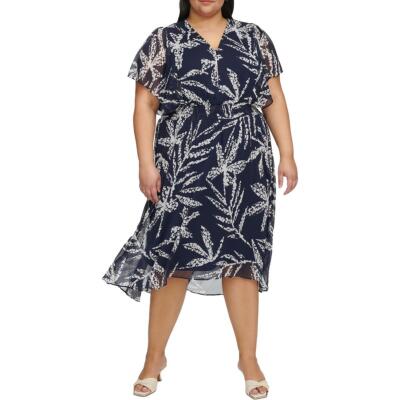 DKNY Womens Chiffon V-neck Wear to Work Midi Dress Plus BHFO 5996