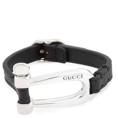 Pre-owned Gucci Stirrup Motif Horsebit Symbols Bracelet, Size 17 In Black
