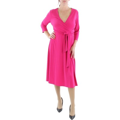 Женское розовое платье миди с V-образным вырезом и рукавами 3/4 от Lauren Ralph Lauren 10 BHFO 0809