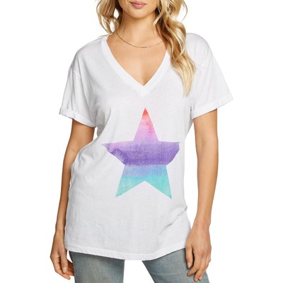 Chaser Womens White V Neck Knit Tee Graphic T-Shirt Top M BHFO 9500