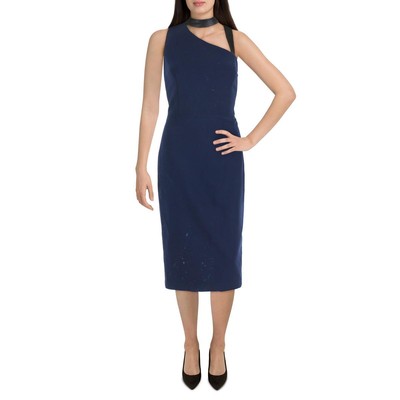 

Женское темно-синее вязаное платье миди с кожаной отделкой Alice + Olivia Jona  BHFO 5714, Navy
