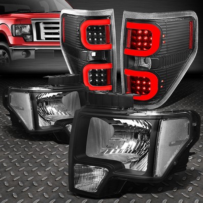 ДЛЯ 09-14 FORD F150 ЧЕРНАЯ/ПРОЗРАЧНАЯ УГЛОВАЯ ФАРА + ДВОЙНОЙ КРАСНЫЙ 3D СВЕТОДИОДНЫЙ ЗАДНИЙ ФОНАРЬ C-ОБРАЗНОЙ ПЛАНКОЙ