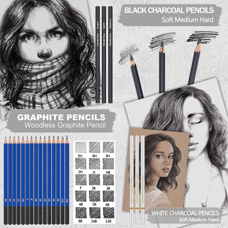 80 Pack Drawing Set Sketching Kit, Pro Art Supplies with 3-Color Sketchbook